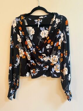Free People Saturday Night Black Floral Print Long Sleeve Wrap Top Shirt Blouse